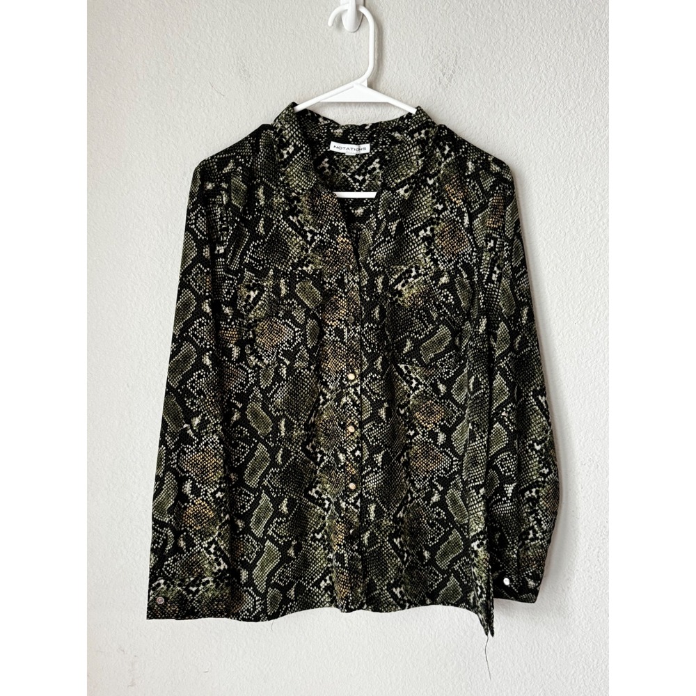 Notations Green Snakeskin Print Button Down Shirt Long Sleeve Blouse Medium